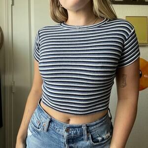 Vintage Y2K 2000s In Design Blue Striped Micro Crop Sz S